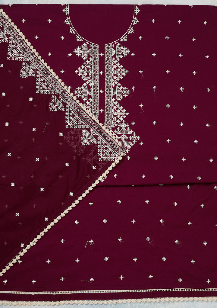 Wine Threadwork Semi Crepe Unstitched Salwar Suit