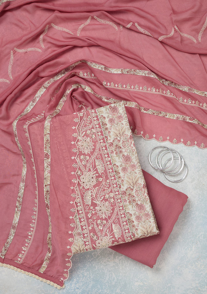 Off White Threadwork Cotton Unstitched Salwar Suit
