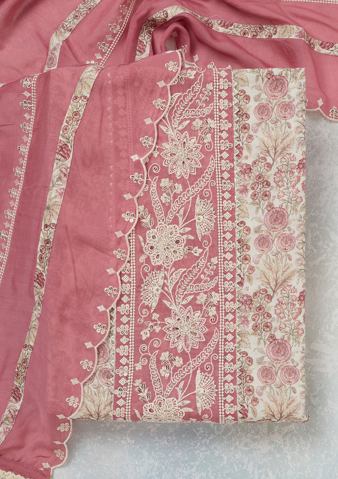 Off White Threadwork Cotton Unstitched Salwar Suit