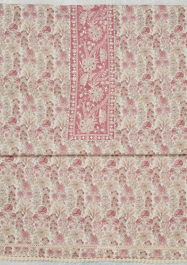 Off White Threadwork Cotton Unstitched Salwar Suit