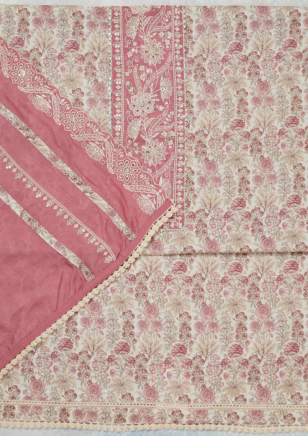 Off White Threadwork Cotton Unstitched Salwar Suit