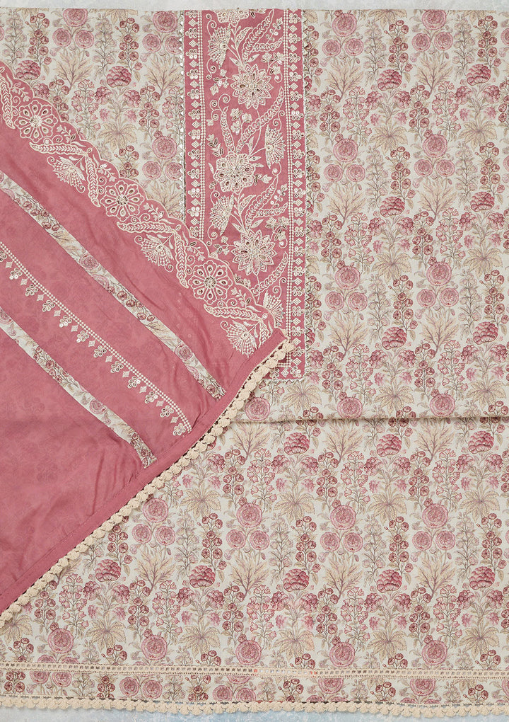 Off White Threadwork Cotton Unstitched Salwar Suit