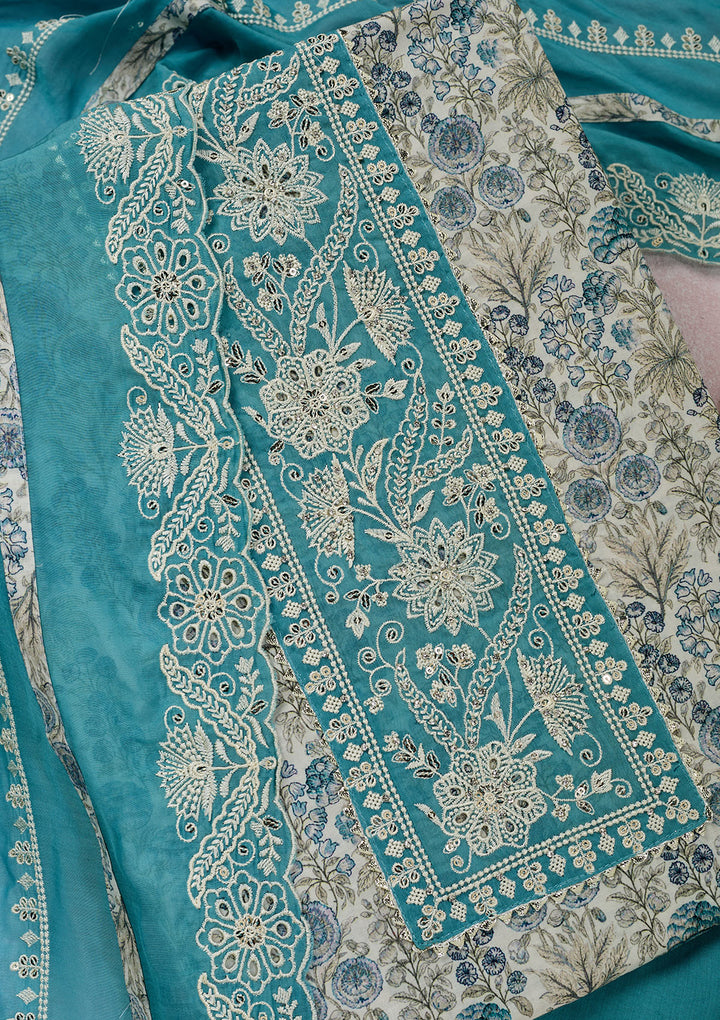 Off White Threadwork Cotton Unstitched Salwar Suit