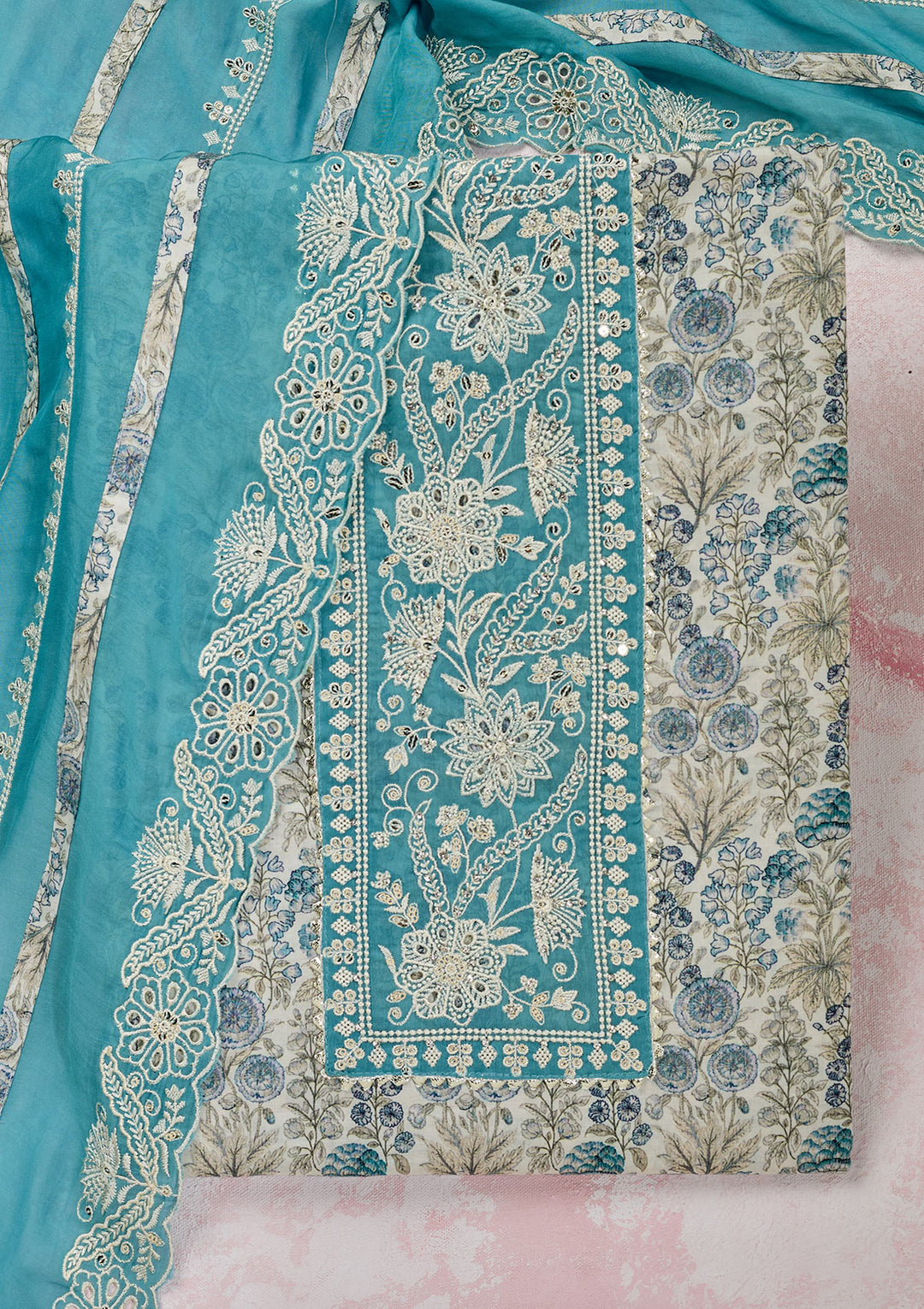 Off White Threadwork Cotton Unstitched Salwar Suit