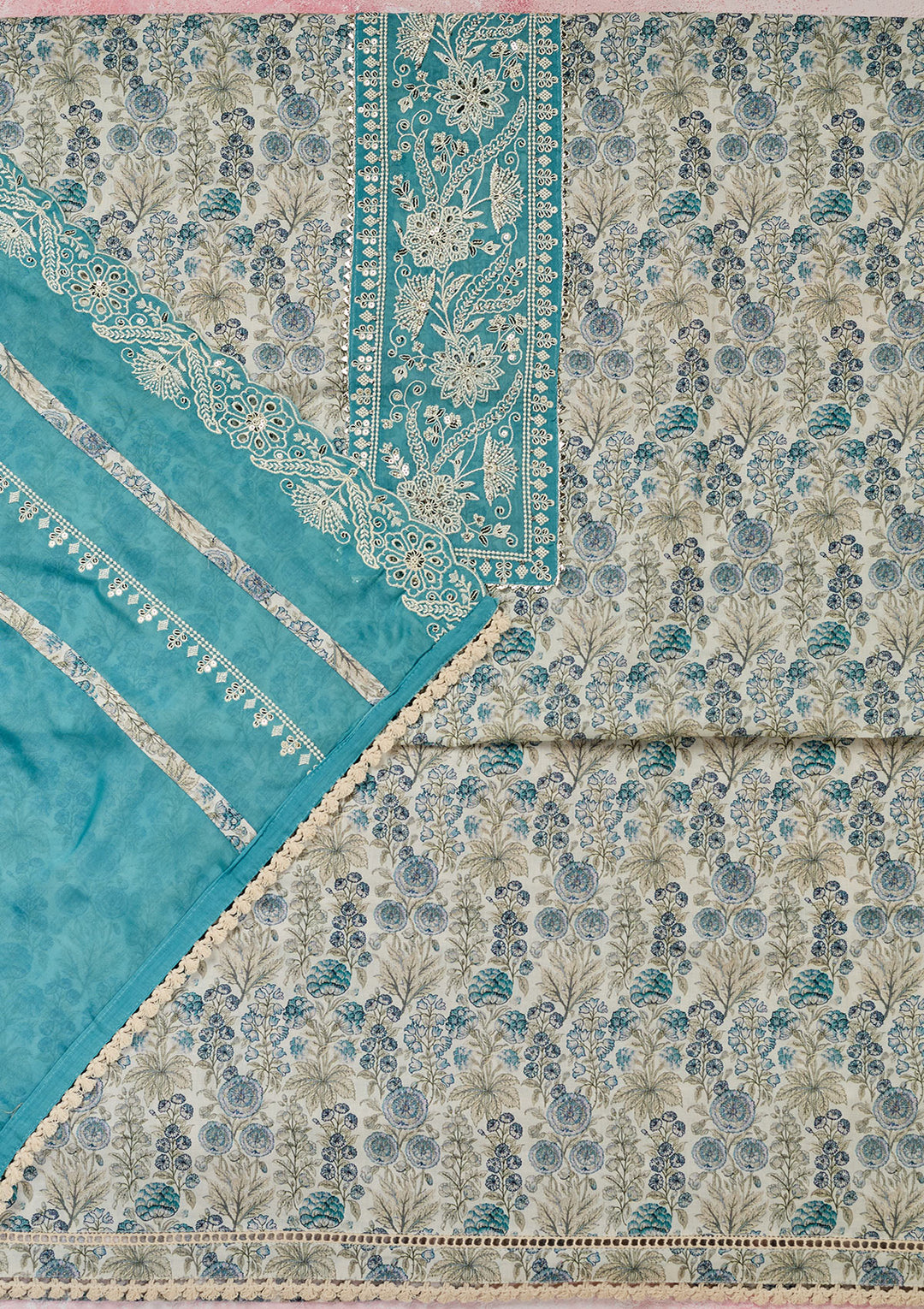 Off White Threadwork Cotton Unstitched Salwar Suit