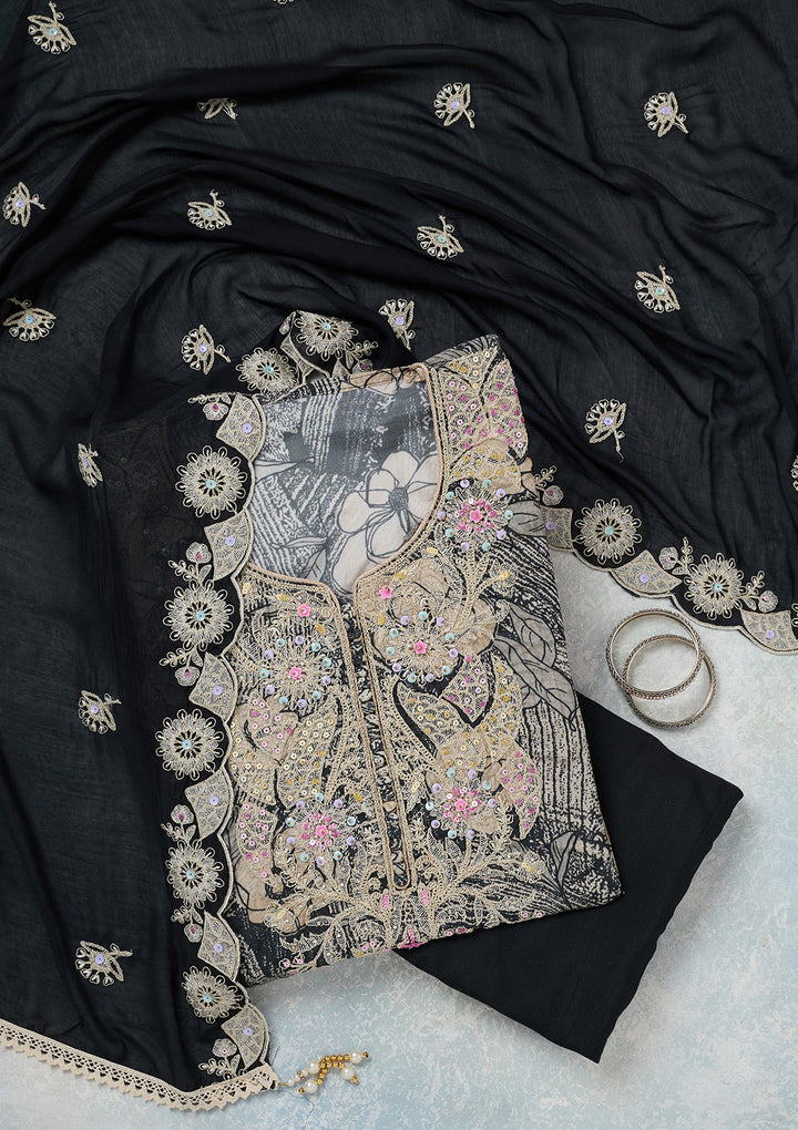 Black Threadwork Cotton Unstitched Salwar Suit
