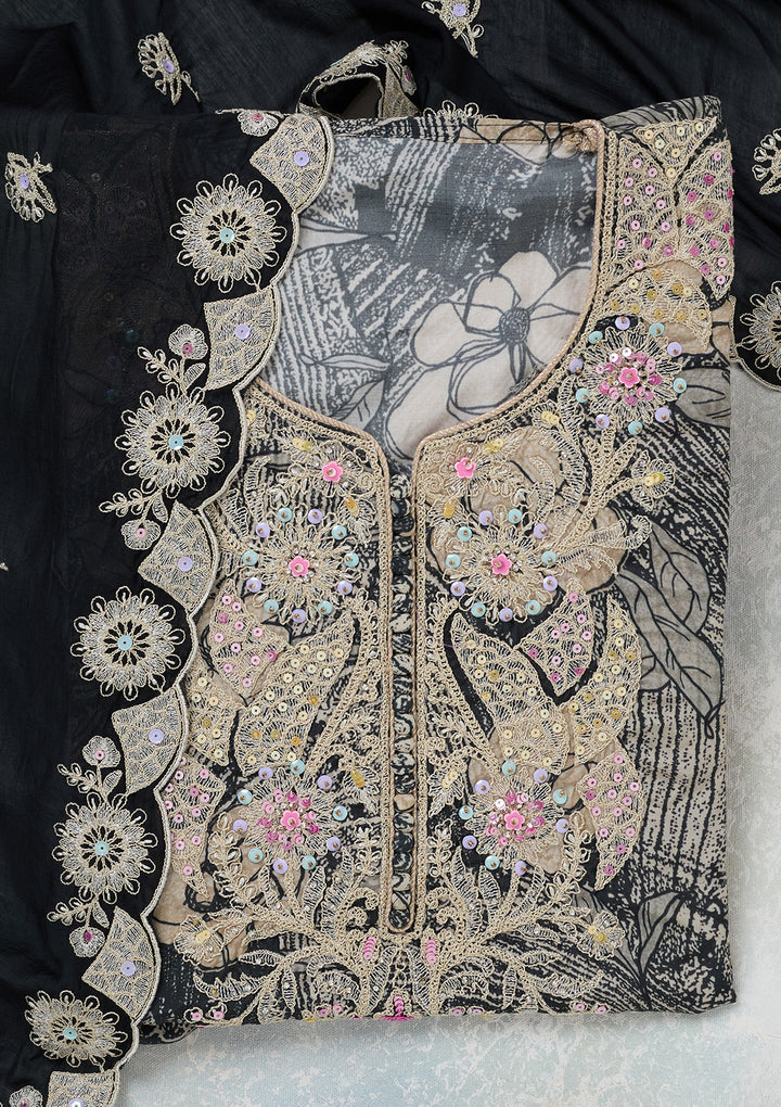 Black Threadwork Cotton Unstitched Salwar Suit