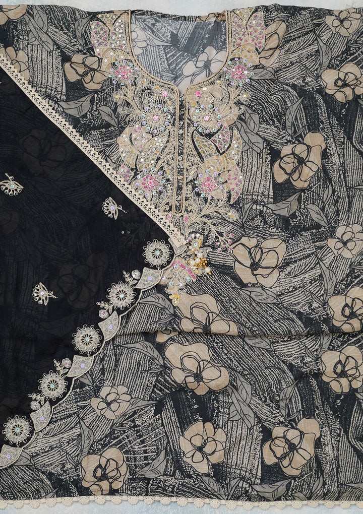 Black Threadwork Cotton Unstitched Salwar Suit
