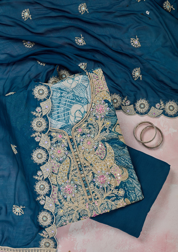 Peacock Blue Threadwork Cotton Unstitched Salwar Suit