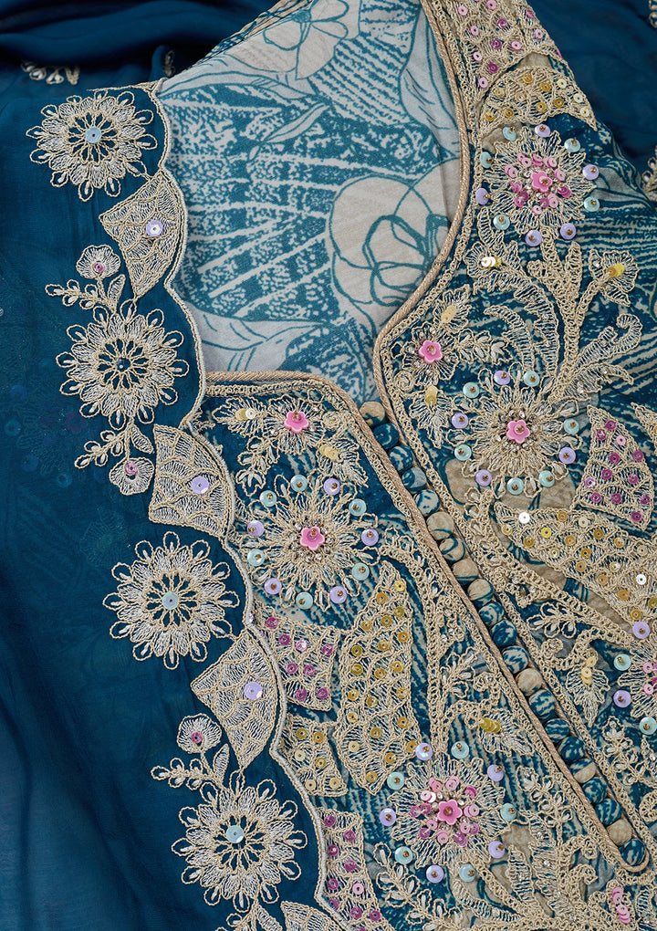 Peacock Blue Threadwork Cotton Unstitched Salwar Suit