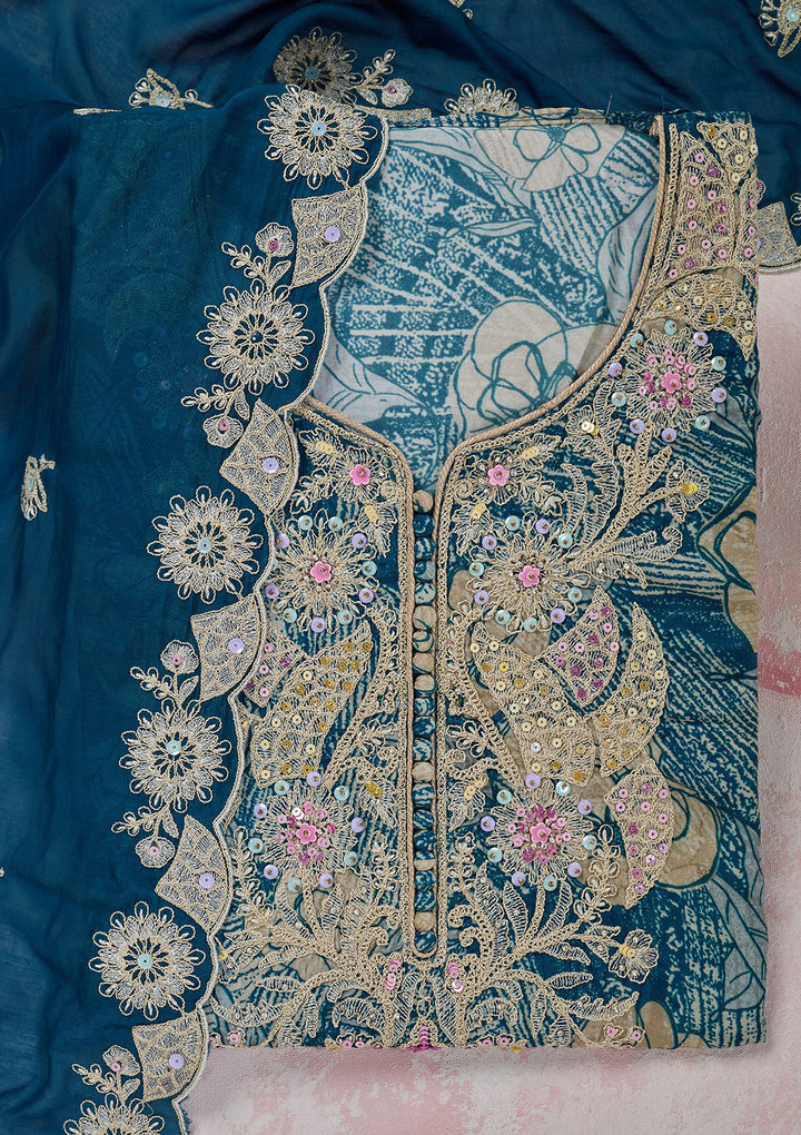 Peacock Blue Threadwork Cotton Unstitched Salwar Suit