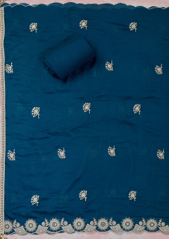Peacock Blue Threadwork Cotton Unstitched Salwar Suit