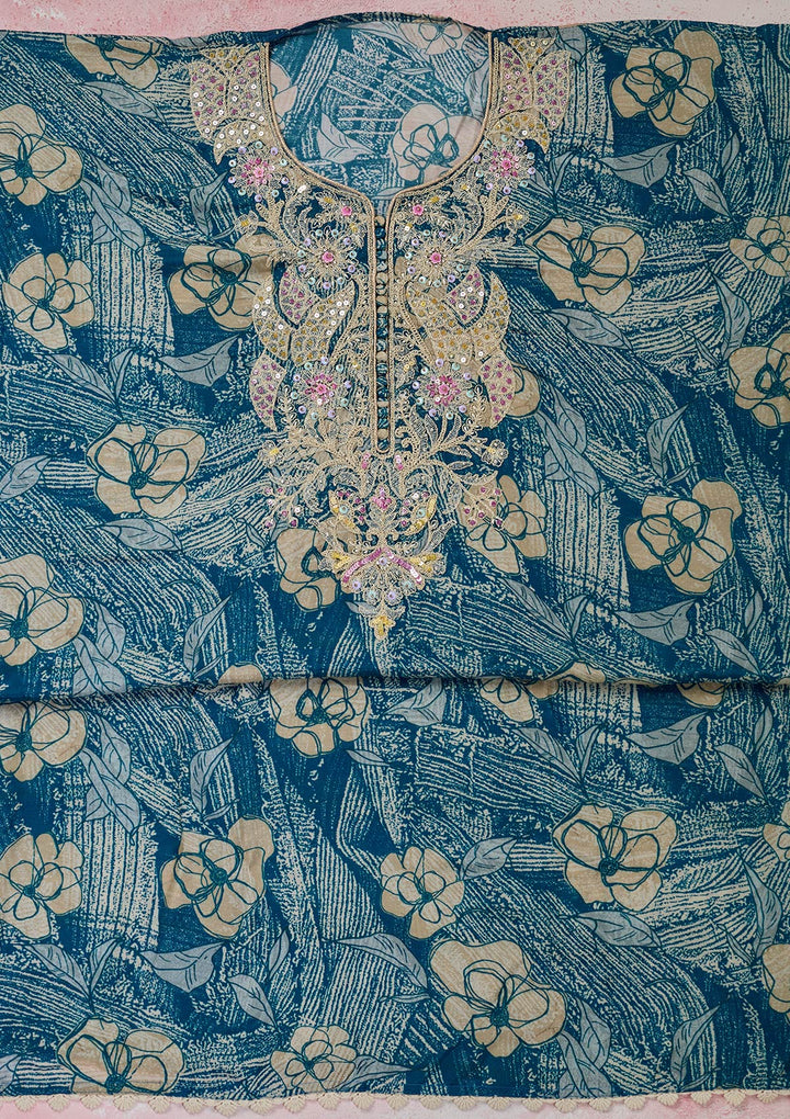 Peacock Blue Threadwork Cotton Unstitched Salwar Suit