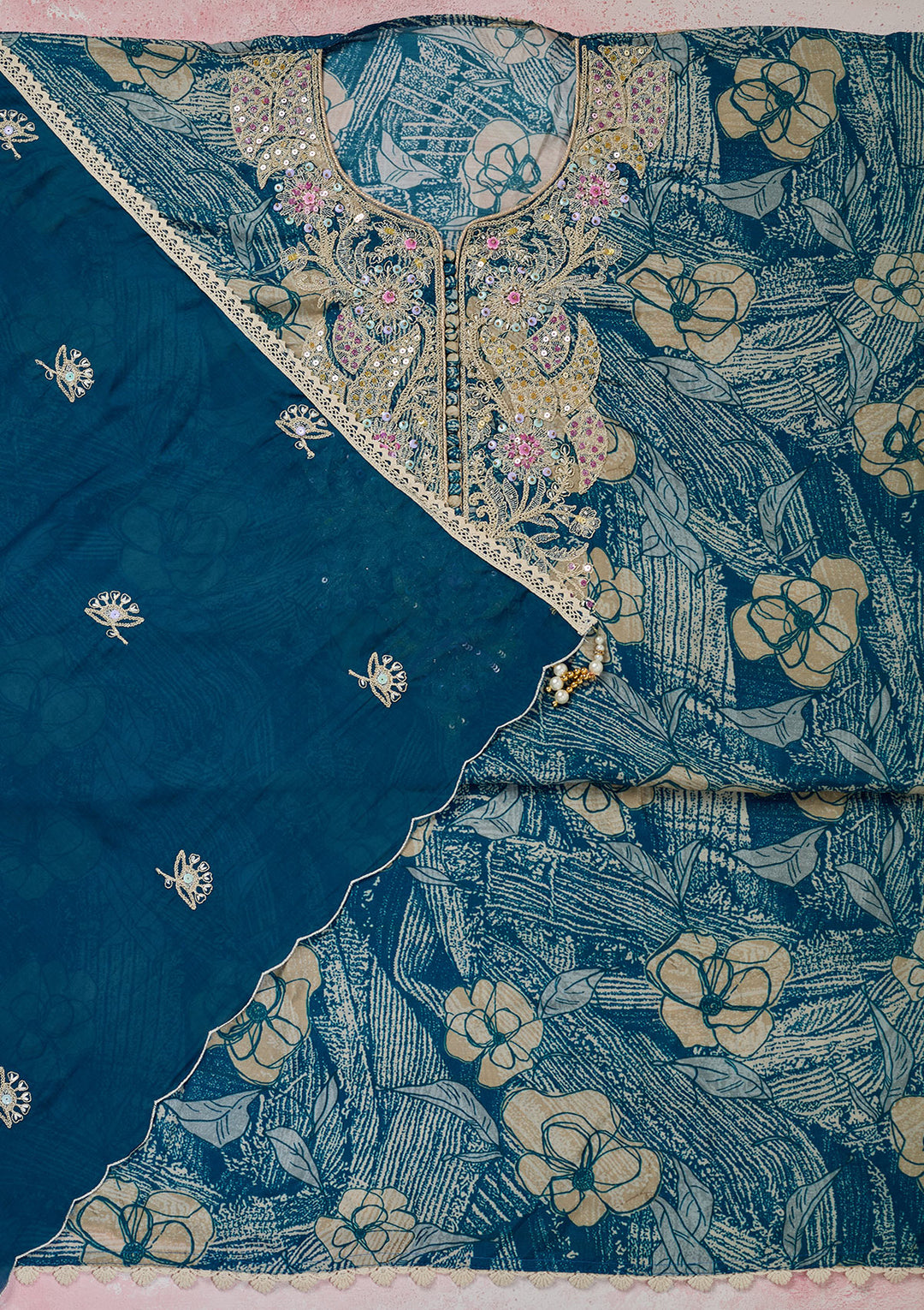Peacock Blue Threadwork Cotton Unstitched Salwar Suit