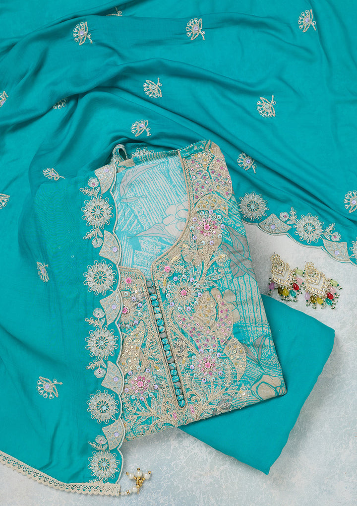 Sky Blue Threadwork Cotton Unstitched Salwar Suit