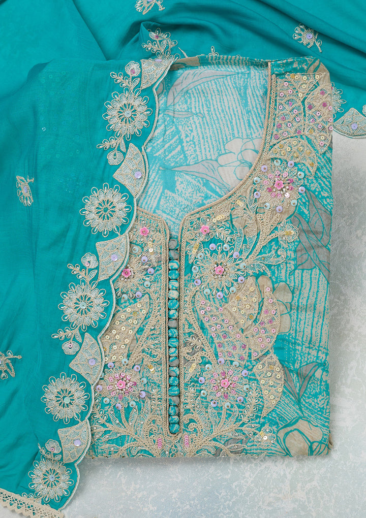 Sky Blue Threadwork Cotton Unstitched Salwar Suit