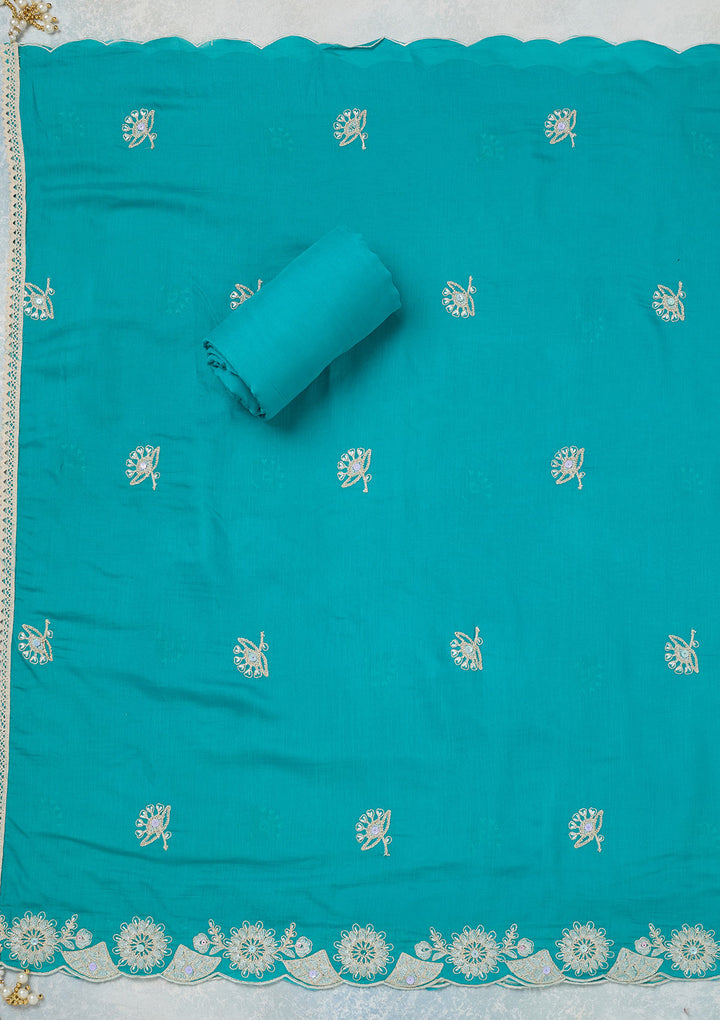 Sky Blue Threadwork Cotton Unstitched Salwar Suit