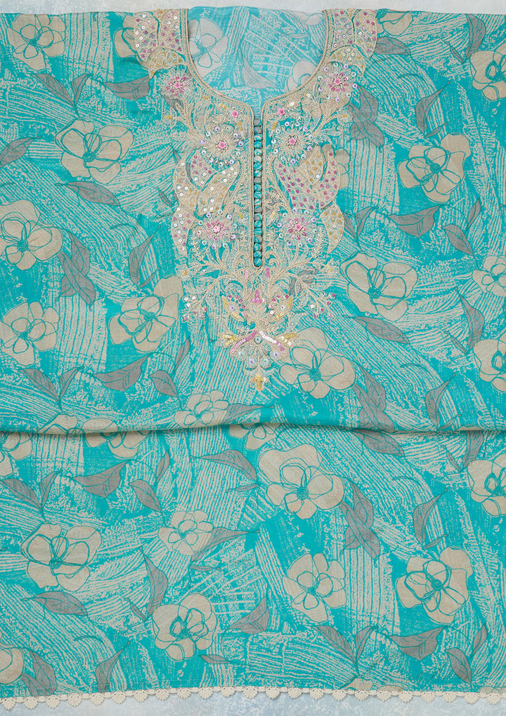 Sky Blue Threadwork Cotton Unstitched Salwar Suit
