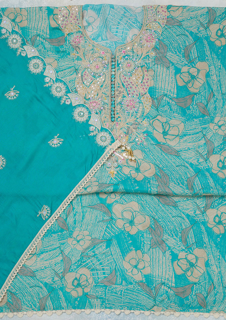 Sky Blue Threadwork Cotton Unstitched Salwar Suit