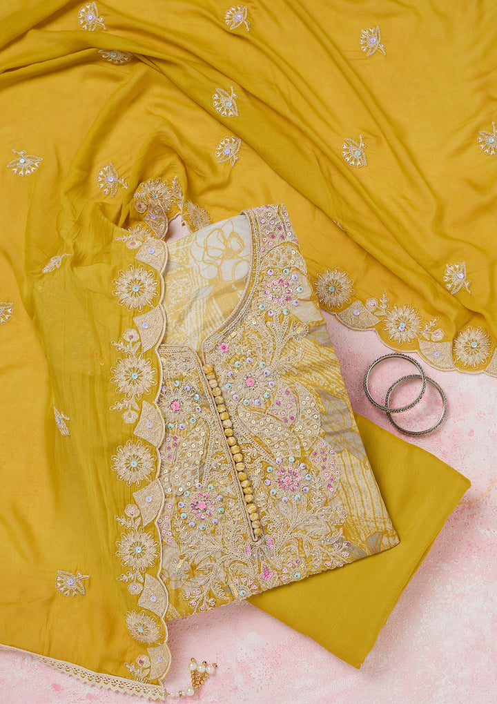 Yellow Threadwork Cotton Unstitched Salwar Suit