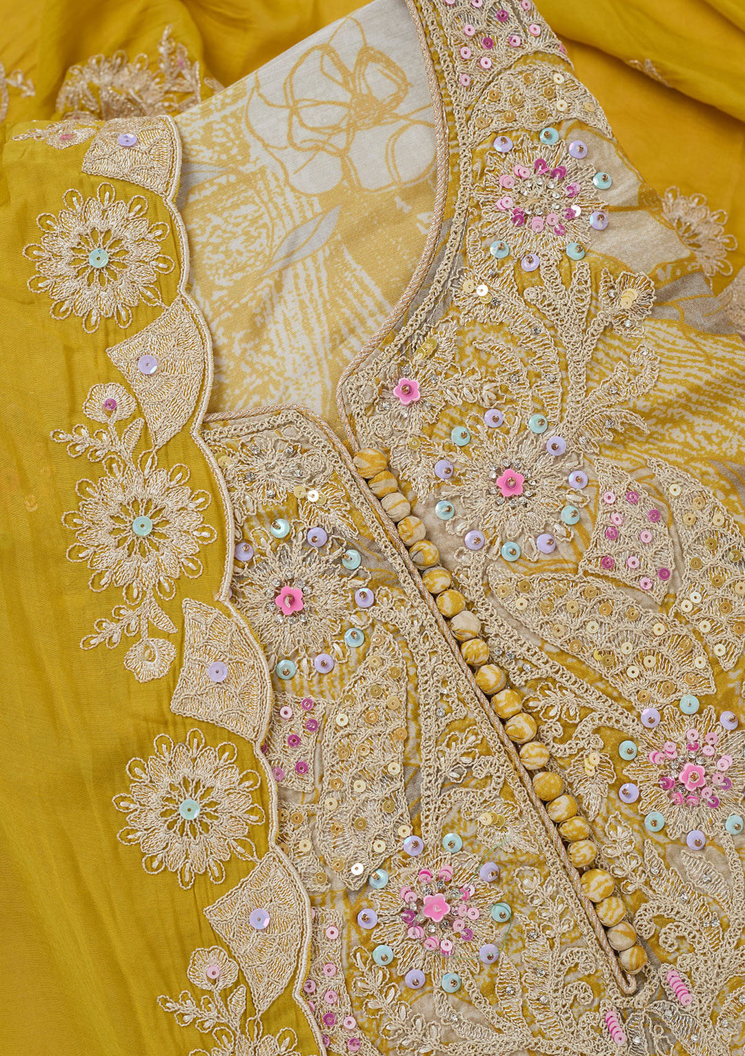 Yellow Threadwork Cotton Unstitched Salwar Suit