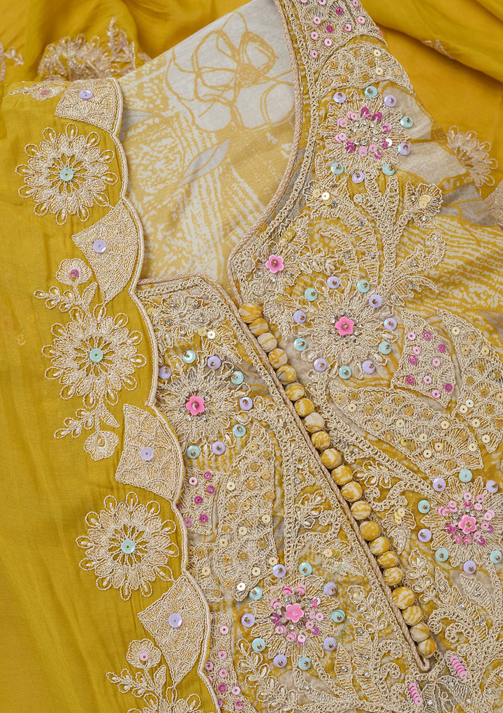 Yellow Threadwork Cotton Unstitched Salwar Suit