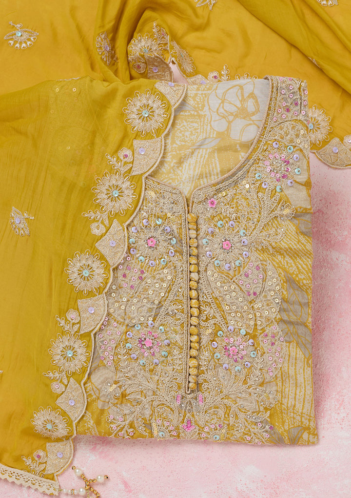 Yellow Threadwork Cotton Unstitched Salwar Suit