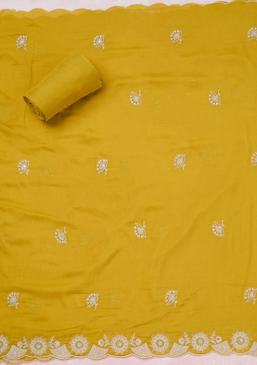 Yellow Threadwork Cotton Unstitched Salwar Suit