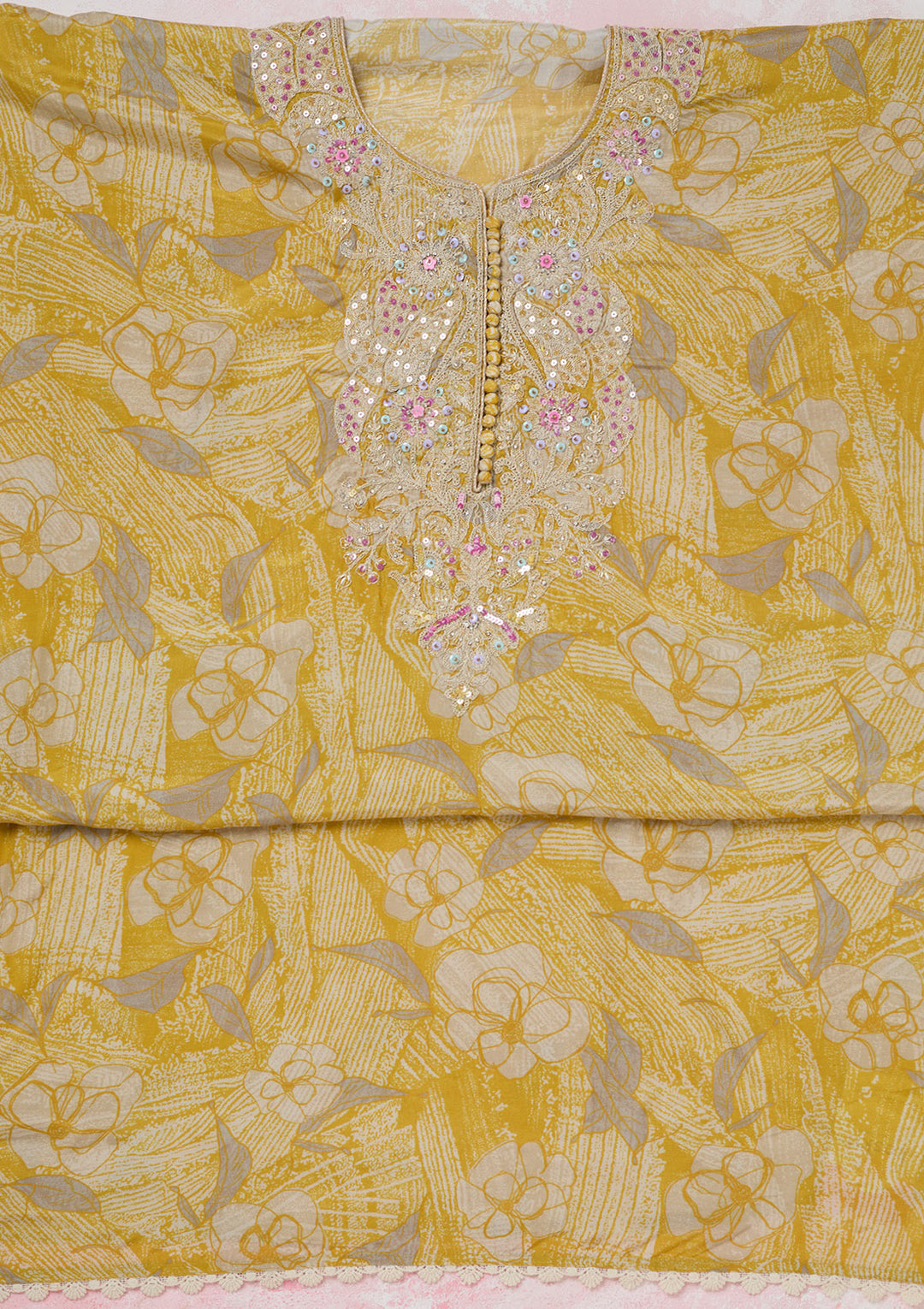 Yellow Threadwork Cotton Unstitched Salwar Suit