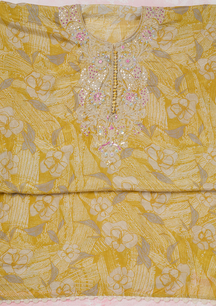 Yellow Threadwork Cotton Unstitched Salwar Suit