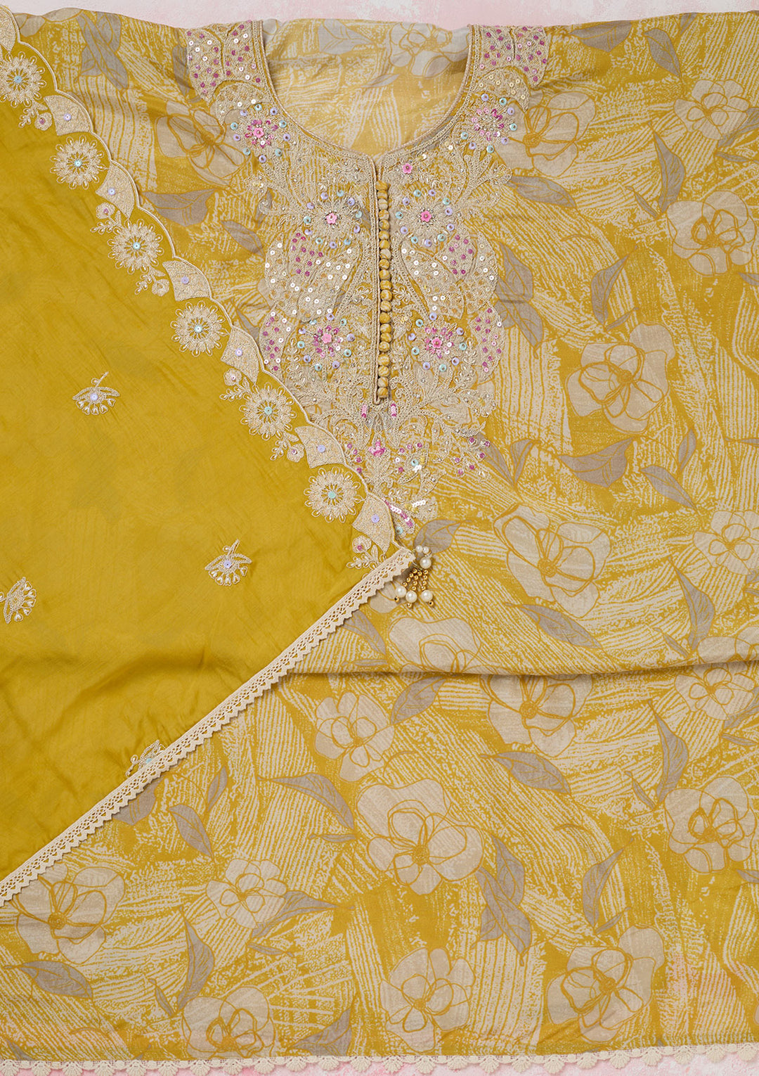 Yellow Threadwork Cotton Unstitched Salwar Suit