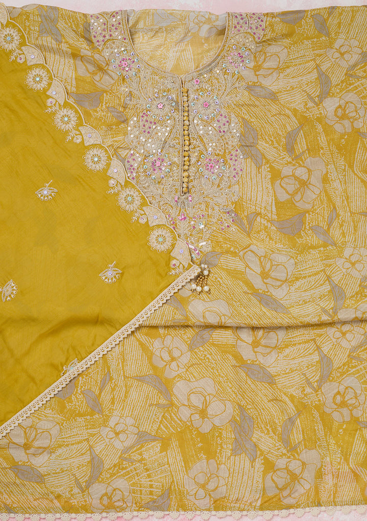 Yellow Threadwork Cotton Unstitched Salwar Suit