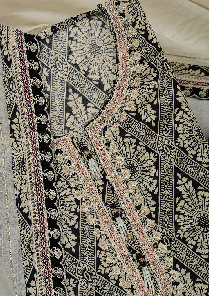 Cream Threadwork Cotton Unstitched Salwar Suit