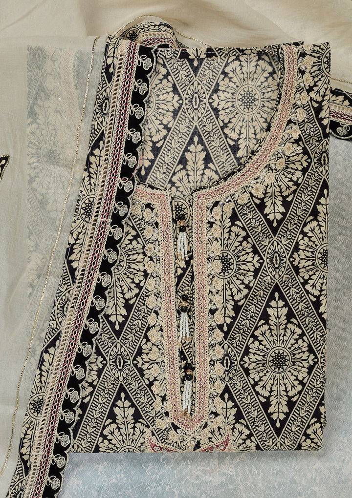 Cream Threadwork Cotton Unstitched Salwar Suit