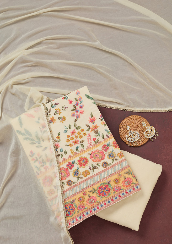 Cream Threadwork Georgette Unstitched Salwar Suit