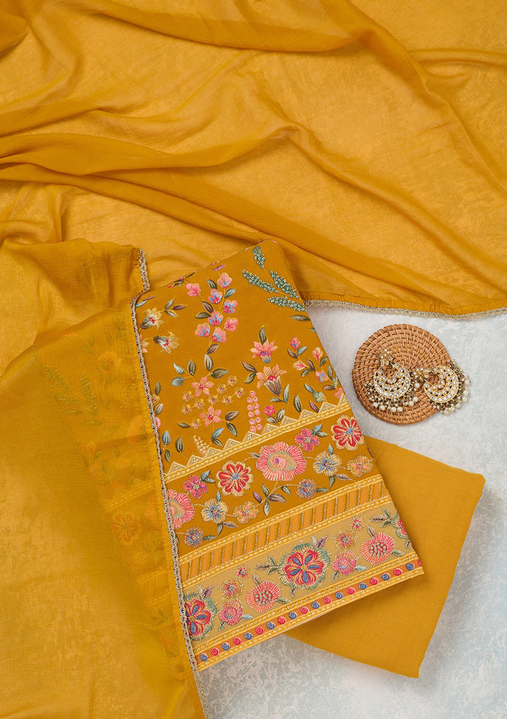 Mustard Threadwork Georgette Unstitched Salwar Suit
