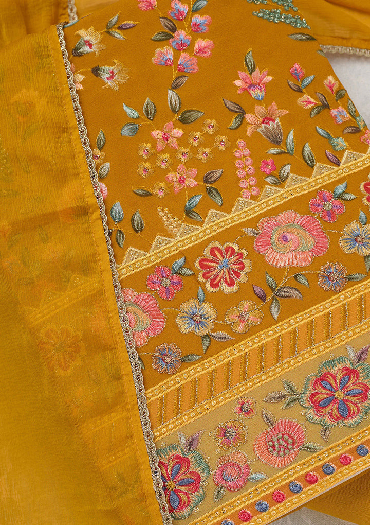 Mustard Threadwork Georgette Unstitched Salwar Suit