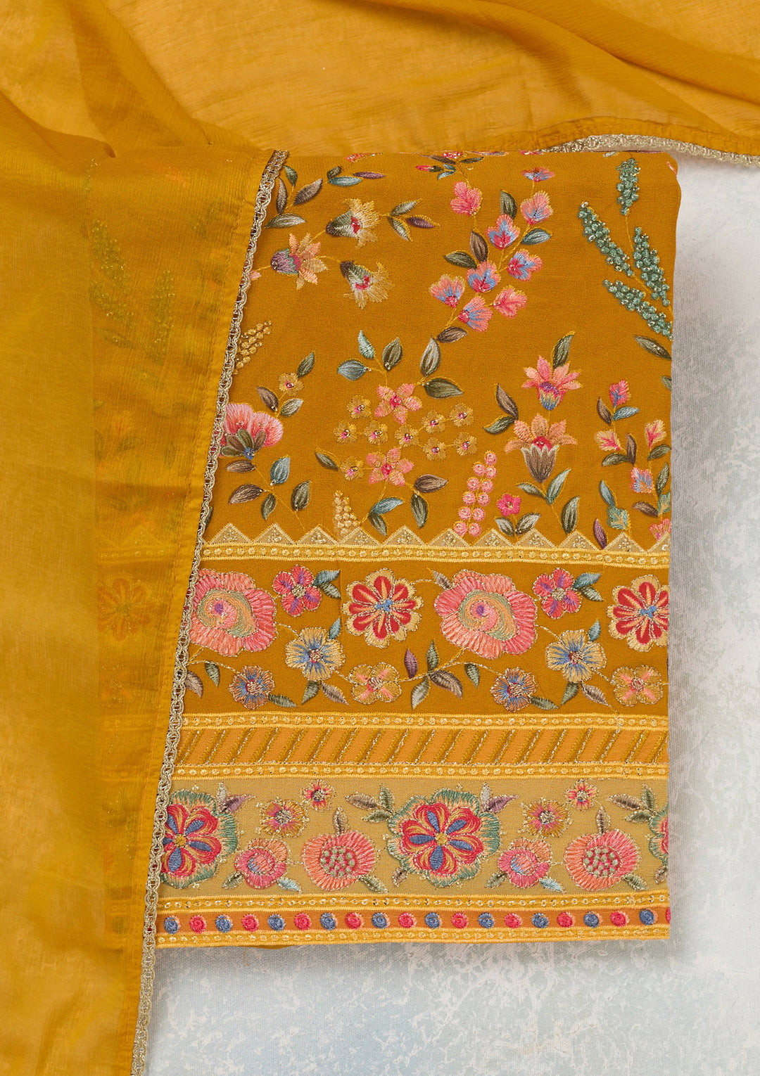 Mustard Threadwork Georgette Unstitched Salwar Suit