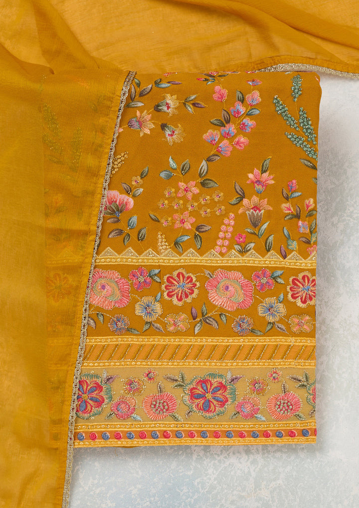 Mustard Threadwork Georgette Unstitched Salwar Suit