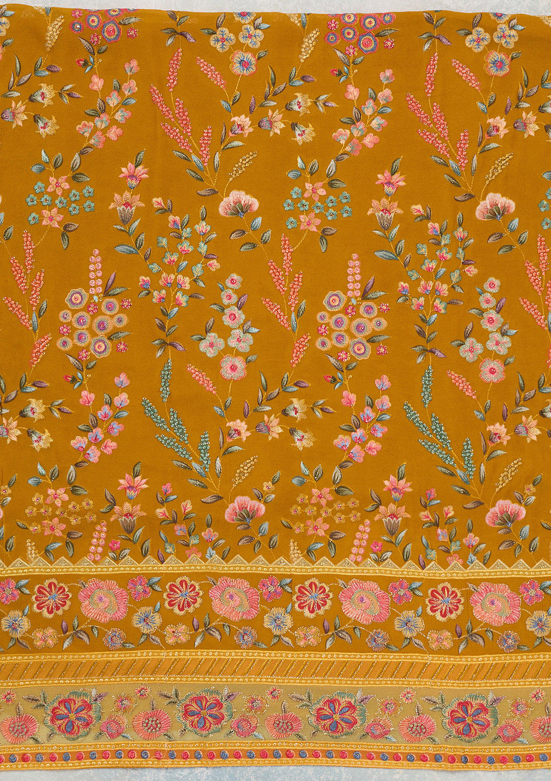Mustard Threadwork Georgette Unstitched Salwar Suit