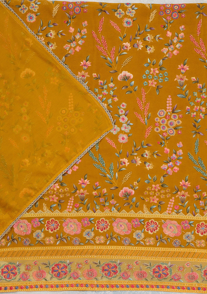 Mustard Threadwork Georgette Unstitched Salwar Suit