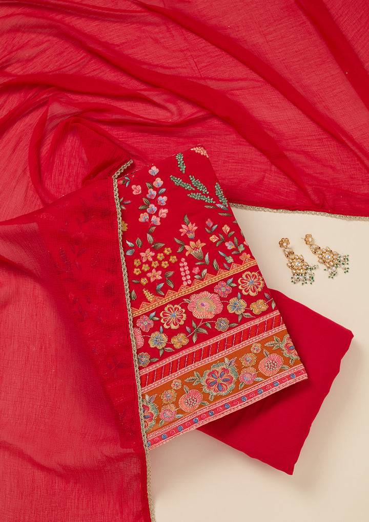 Red Threadwork Georgette Unstitched Salwar Suit