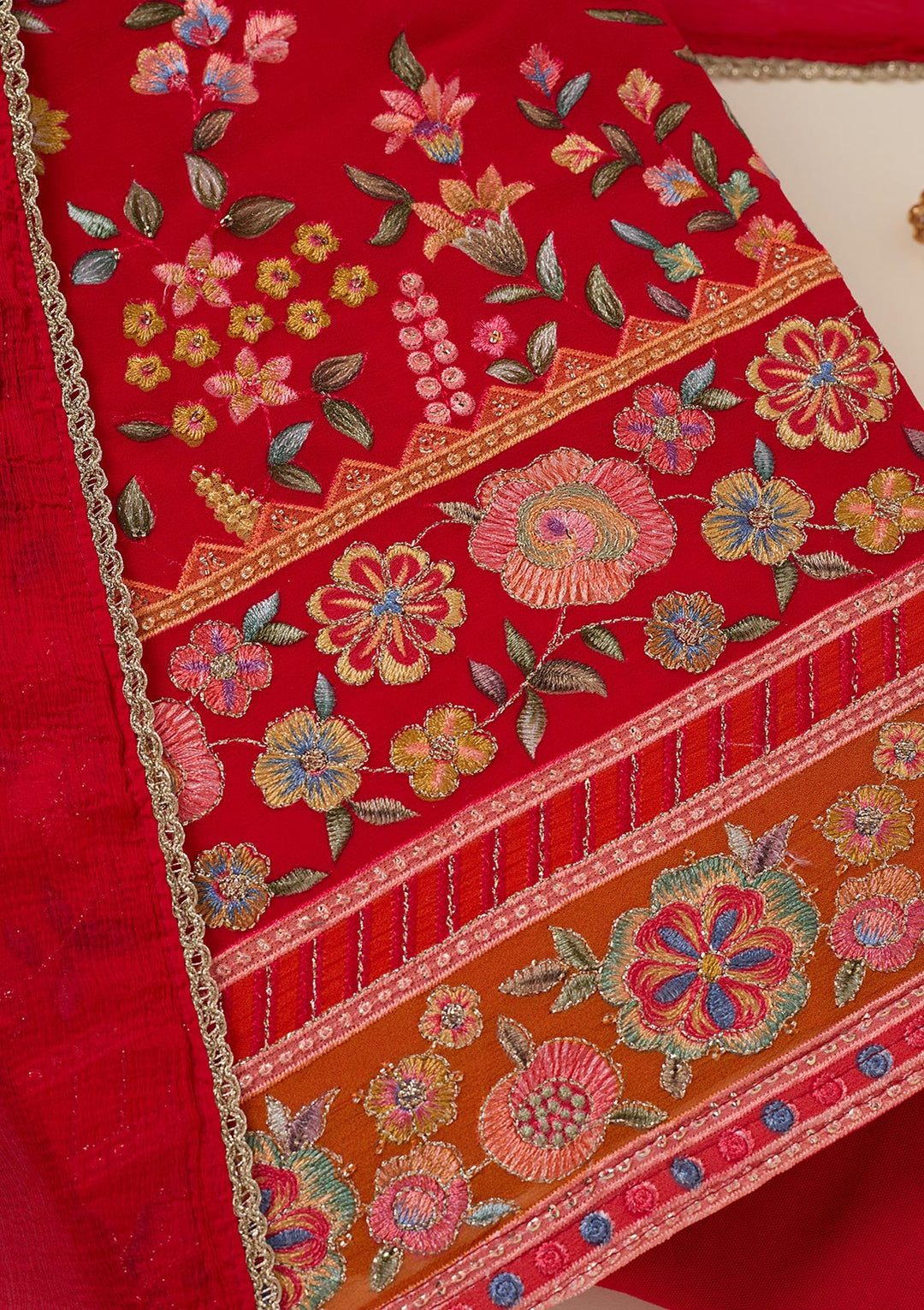 Red Threadwork Georgette Unstitched Salwar Suit
