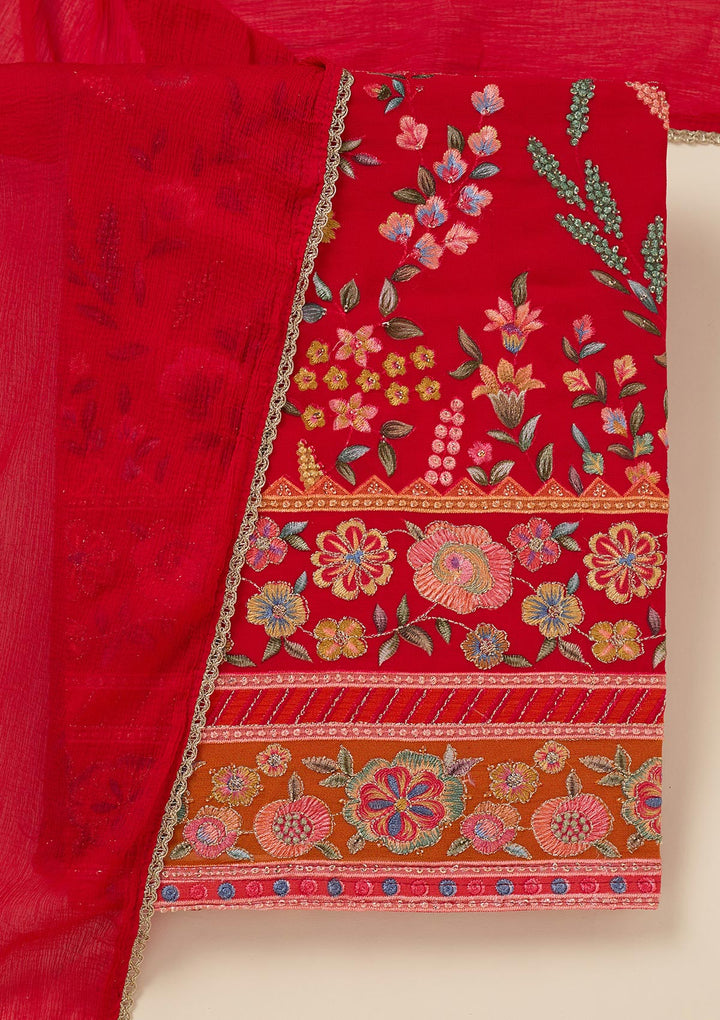Red Threadwork Georgette Unstitched Salwar Suit
