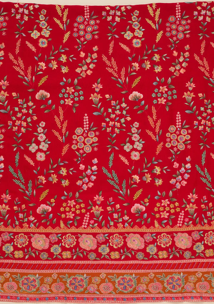Red Threadwork Georgette Unstitched Salwar Suit