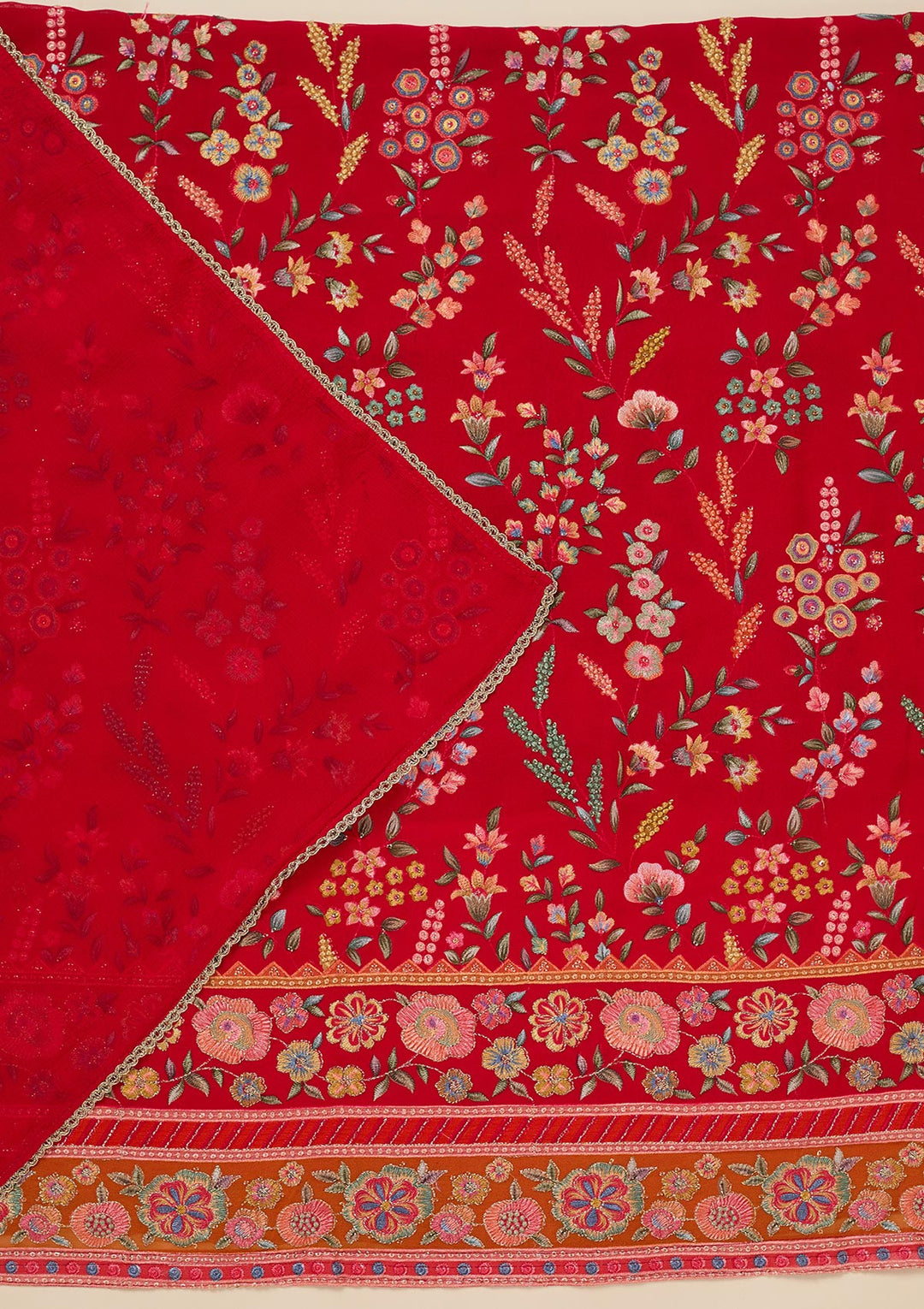 Red Threadwork Georgette Unstitched Salwar Suit