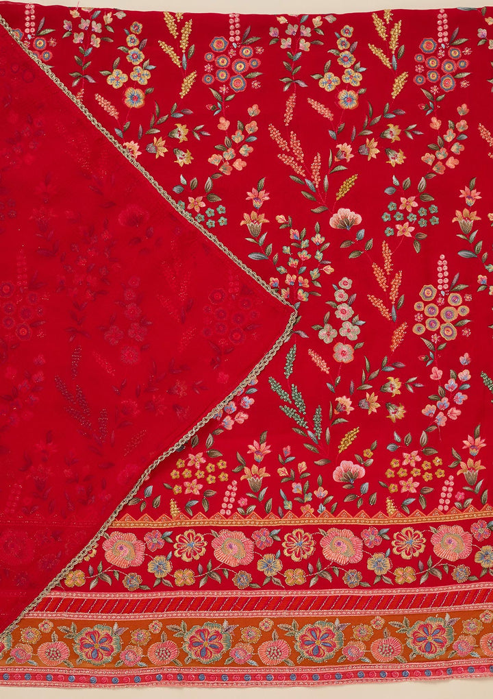 Red Threadwork Georgette Unstitched Salwar Suit