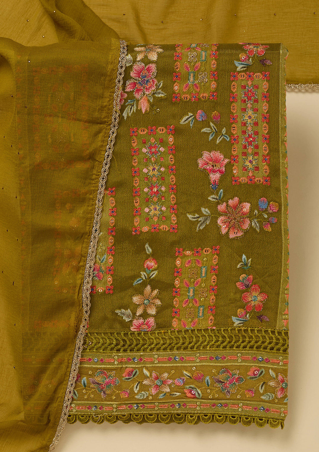 Mehandi Green Threadwork Georgette Unstitched Salwar Suit