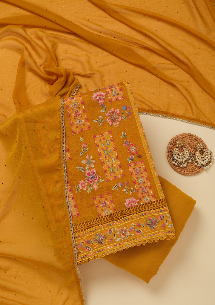 Mustard Threadwork Georgette Unstitched Salwar Suit