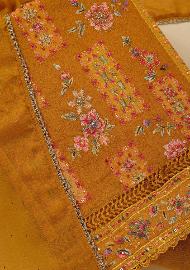 Mustard Threadwork Georgette Unstitched Salwar Suit